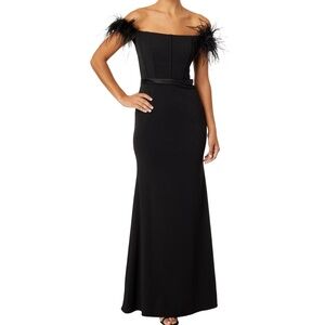Betsy & Adam  - New! Black Off-Shoulder Feather Evening Dress